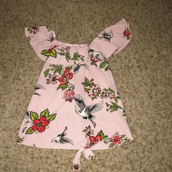 Pink and white striped floral top with birds - Picture 1 of 3